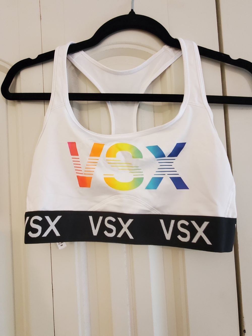 VSX Victoria's Secret White Sports Bra with Rainbow Gradient Logo and Black Band